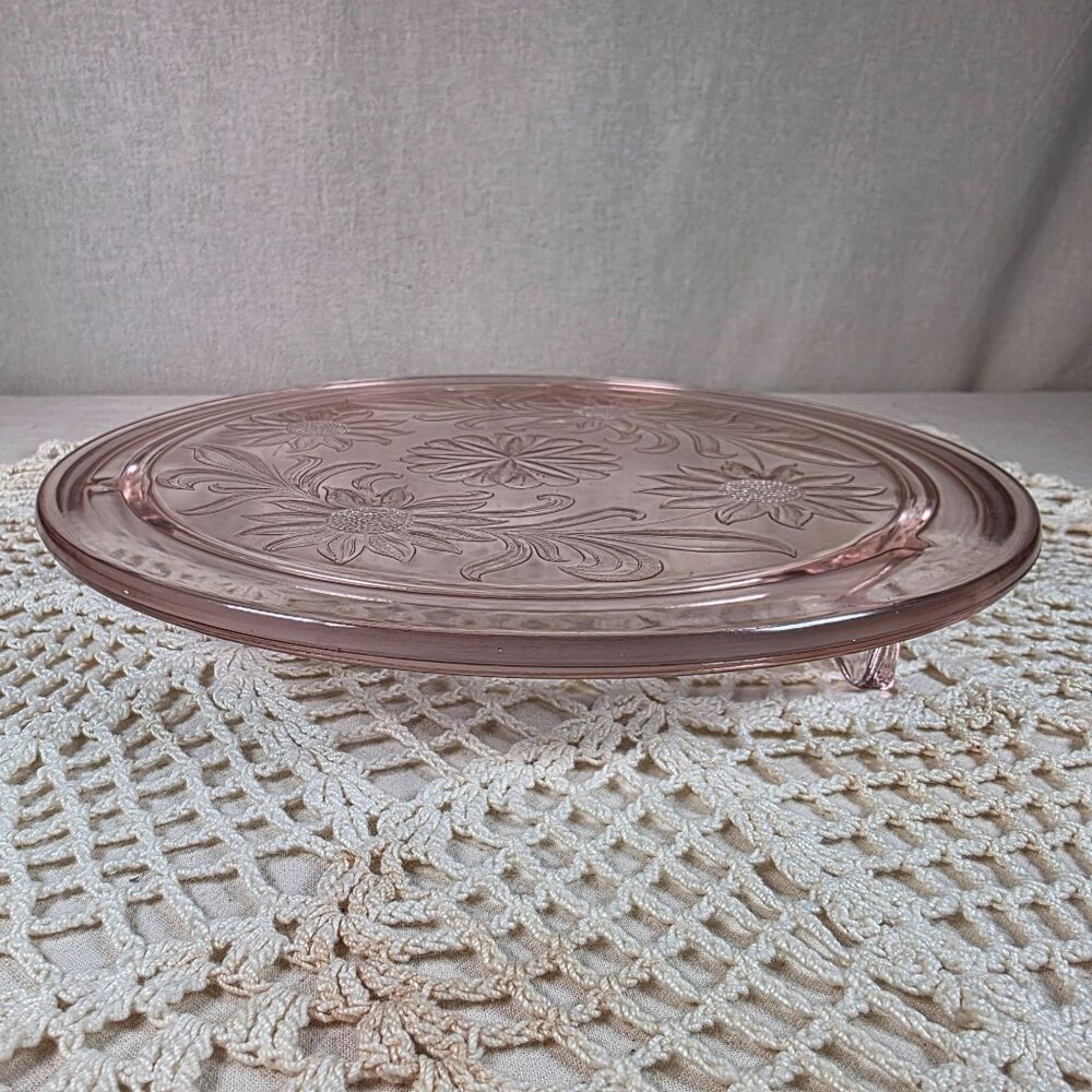 Jeanette Sunflower Pink Depression Glass 10" Footed Cake Plate Vintage 1930s-194